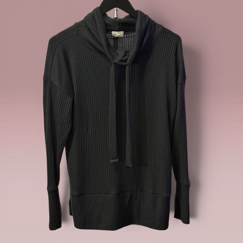 Greige Black Ribbed Cowl Neck Drawstring Tunic Sweater Women's Medium